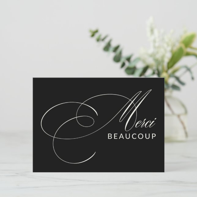 Black Merci Beaucoup Elegant Calligraphy Thank You Card (Standing Front)