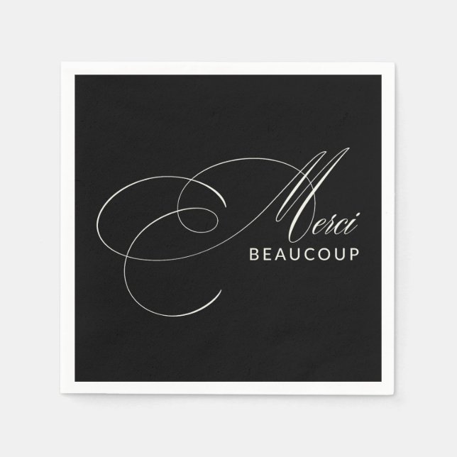 Black Merci Beaucoup Elegant Calligraphy Thank You Napkin (Front)