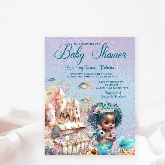 Black Mermaid Baby Shower Invitation Postcard (Cute mermaid baby shower postcard.)