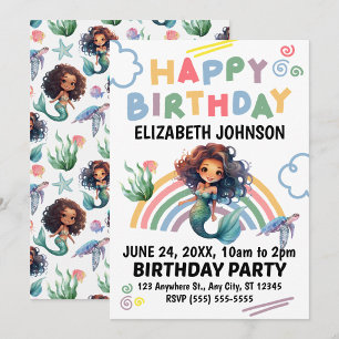 Black Mermaid Birthday Invitation in White