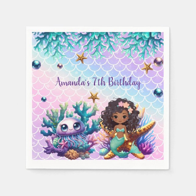 Black Mermaid Birthday Napkins (Front)