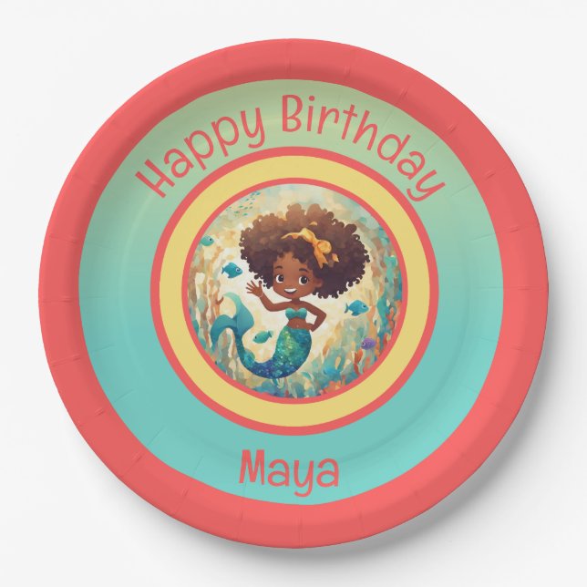 Black Mermaid Birthday Paper Plate (Front)