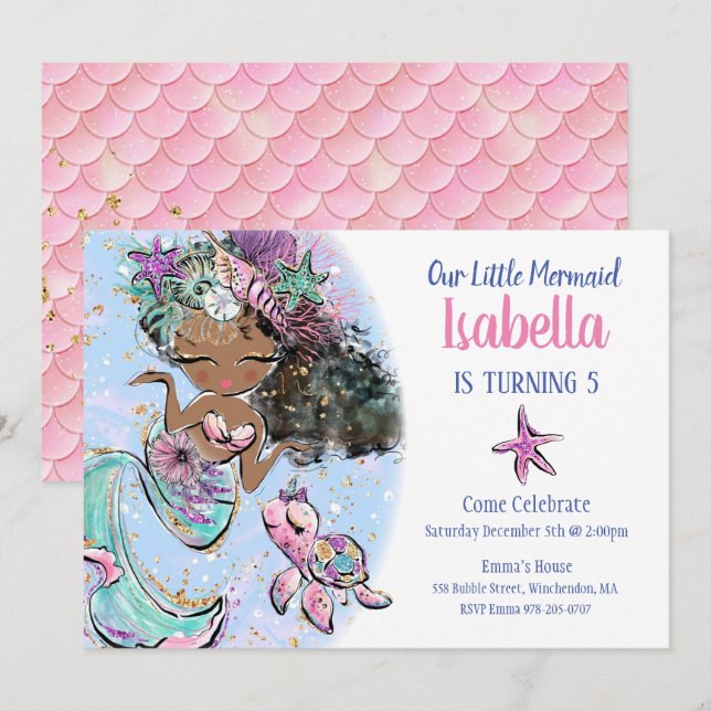Black Mermaid Birthday Party Invitation (Front/Back)