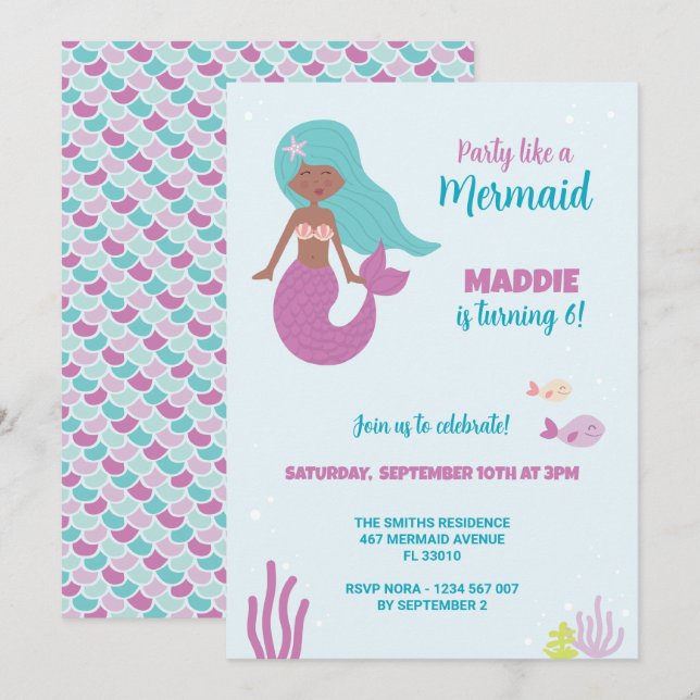 Black Mermaid Birthday Party Invitation (Front/Back)