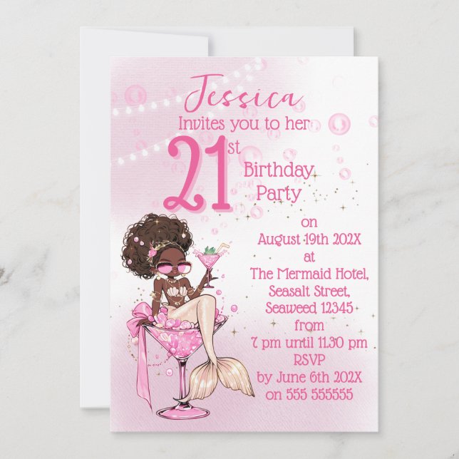 Black Mermaid Cocktail Birthday Party Invitation (Front)