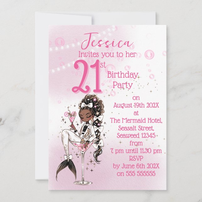 Black Mermaid Cocktail Birthday Party Invitation (Front)