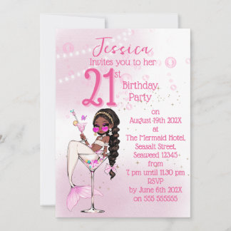 Black Mermaid Cocktail Birthday Party Invitation