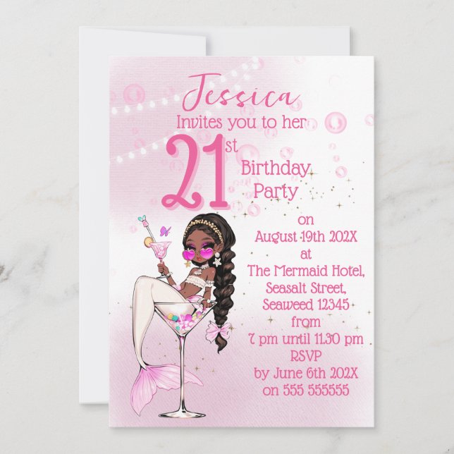 Black Mermaid Cocktail Birthday Party Invitation (Front)
