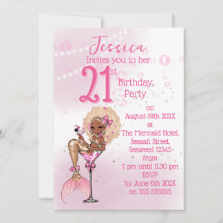 Black Mermaid Cocktail Birthday Party Invitation