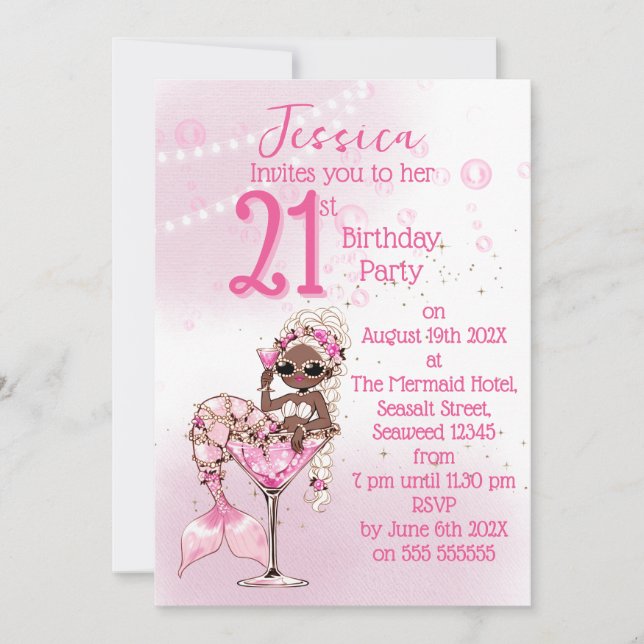 Black Mermaid Cocktail Birthday Party Invitation (Front)