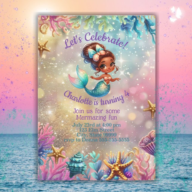 Black Mermaid Cute Birthday Girl Invitation (Creator Uploaded)