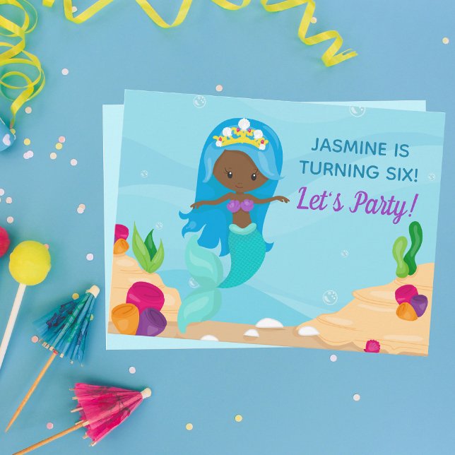 Black Mermaid Girl Birthday Pool Party Invitation Postcard (Creator Uploaded)