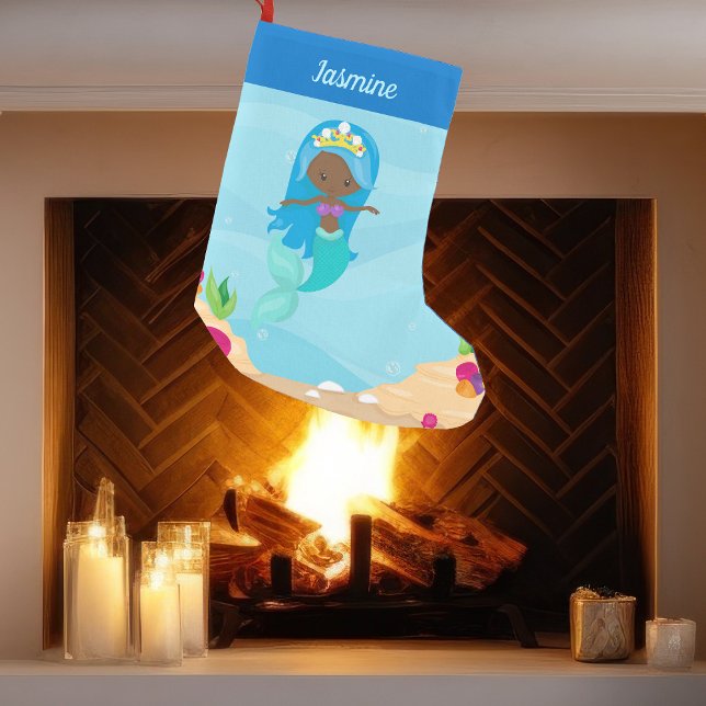 Black Mermaid Girl Cute Custom African American Small Christmas Stocking (Creator Uploaded)