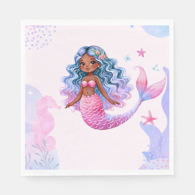 Black Mermaid Girl With Pink Tail Undersea Napkin (Front)