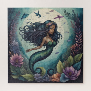 Black Mermaid Green Jigsaw Puzzle