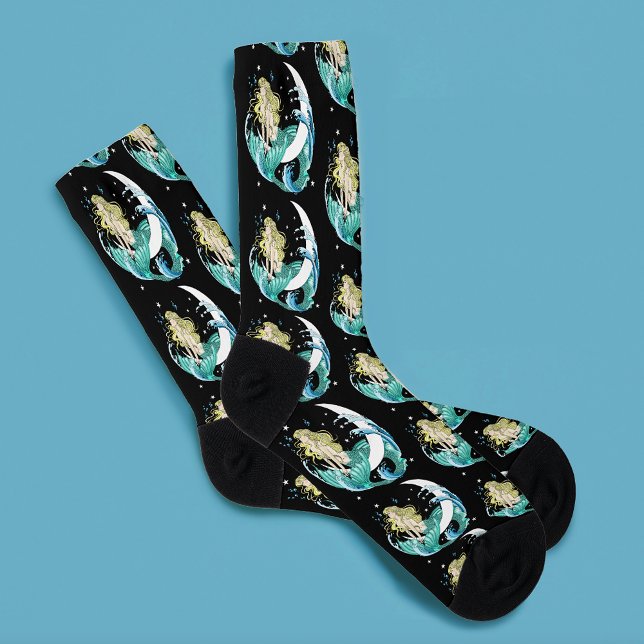 Black Mermaid Moon Fantasy Art Deco Socks (Creator Uploaded)