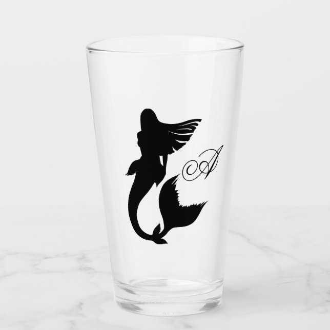 Black Mermaid Silhouette & Monogram Script Glass (Front)