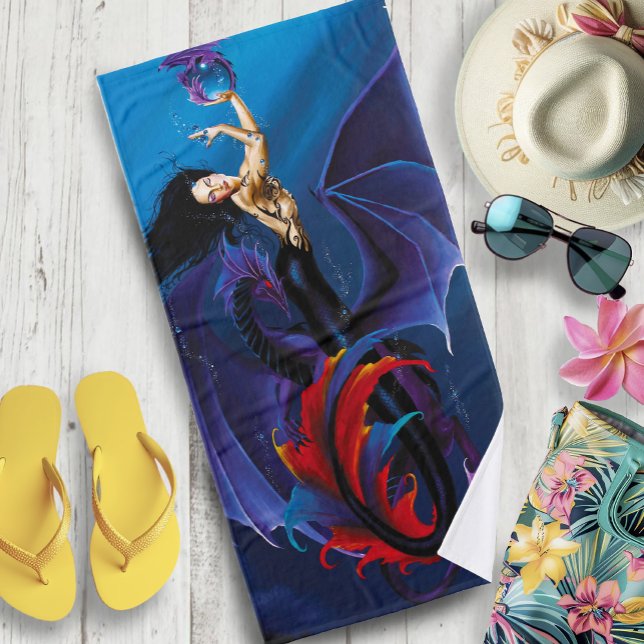 Black Mermaid Water Dragons Purple Bath Towel (Creator Uploaded)