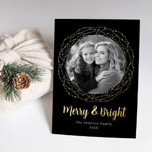 Black Merry and Bright Photo Foil Holiday Card