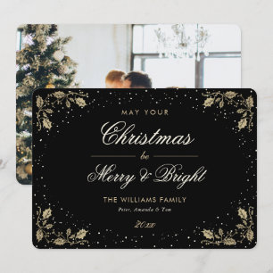 Black Merry and Bright Snow Holly Photo Christmas Holiday Card