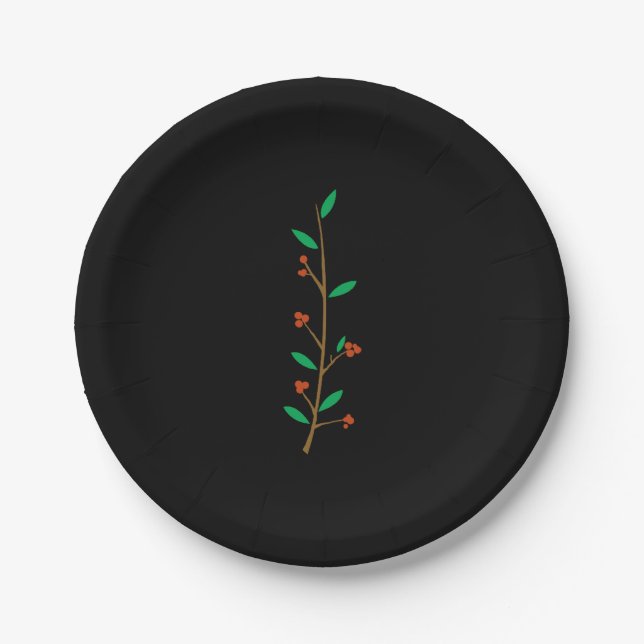 Black Merry Botanical Berry Branch Holiday Party Paper Plate (Front)