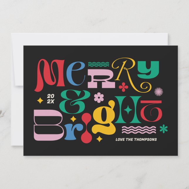 Black Merry & Bright Modern Type Mix Holiday Card (Front)