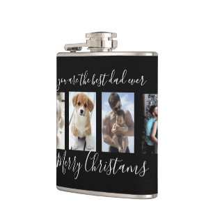 Black Merry Christmas Best Dad Ever Photo Collage Hip Flask