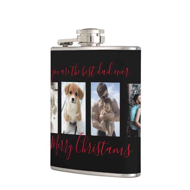 Black Merry Christmas Best Dad Ever Photo Collage Hip Flask (Left)