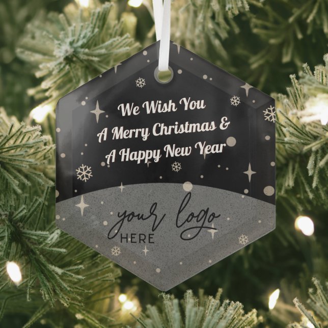 Black Merry Christmas Business Logo simple decor Glass Tree Decoration (Insitu)