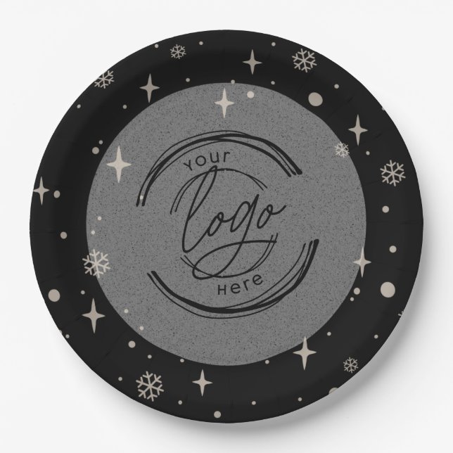 Black Merry Christmas Business Logo Snowflake Paper Plate (Front)