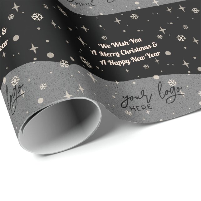Black Merry Christmas Business your Logo Greetings Wrapping Paper (Roll Corner)
