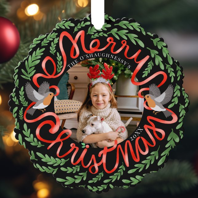 Black Merry Christmas Folk Foliage Wreath Photo Tree Decoration Card (Creator Uploaded)