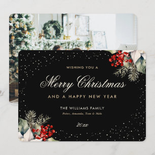 Black Merry Christmas Happy New Year Photo Holiday Card
