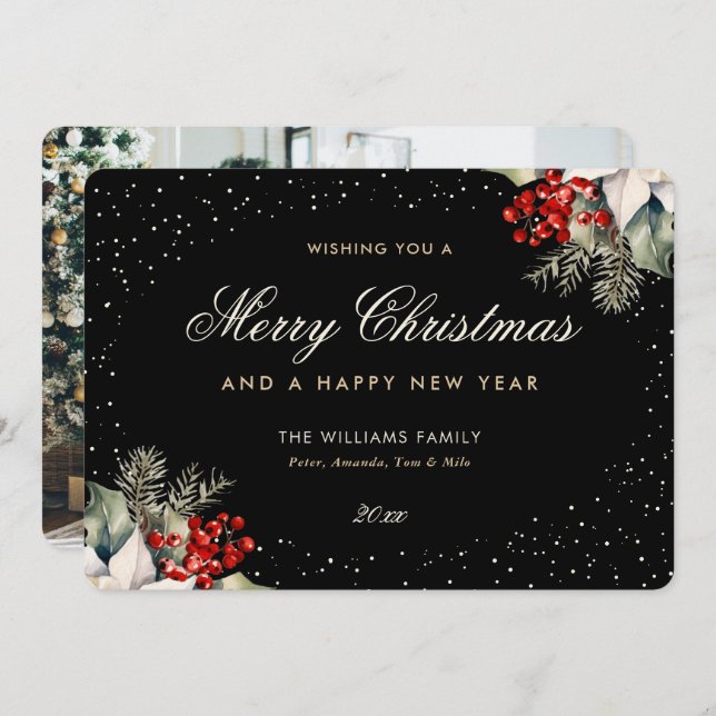 Black Merry Christmas Happy New Year Photo Holiday Card (Front/Back)