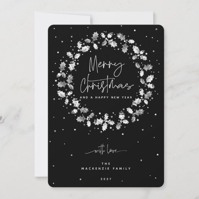 Black Merry Christmas Holly Wreath Holiday Card (Front)