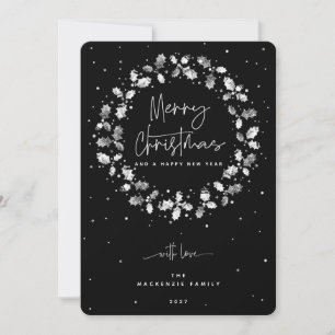 Black Merry Christmas Holly Wreath Holiday Card