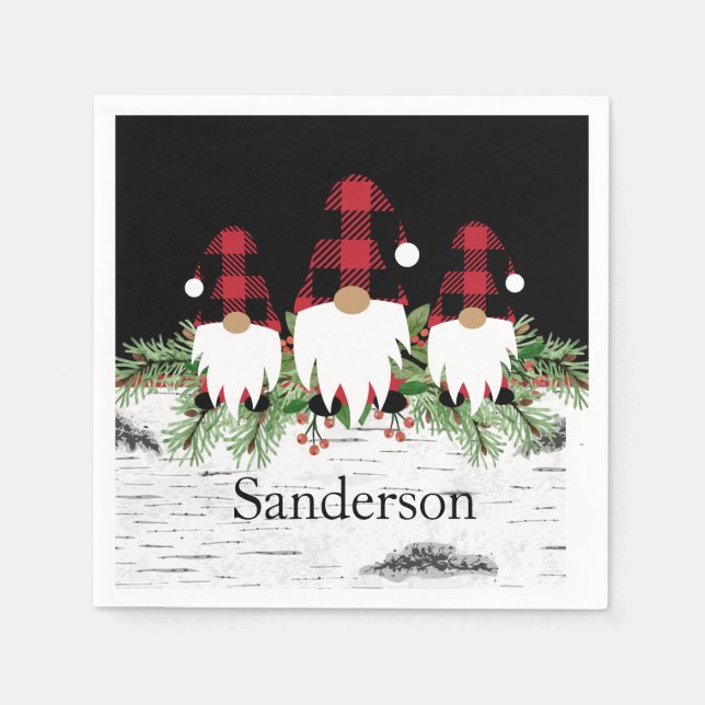Black Merry Christmas Red Buffalo Plaid Gnome  Napkin (Front)