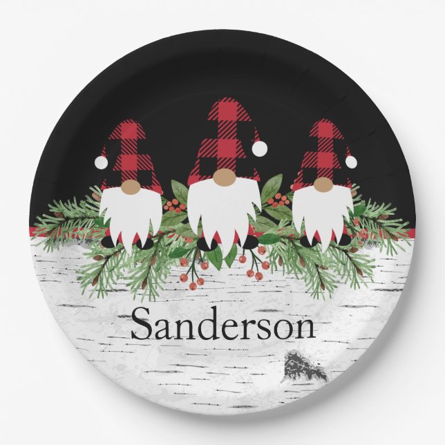 Black Merry Christmas Red Buffalo Plaid Gnome  Paper Plate (Front)