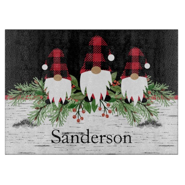 Black Merry Christmas Red Buffalo Plaid Gnome Rec, Cutting Board (Front)