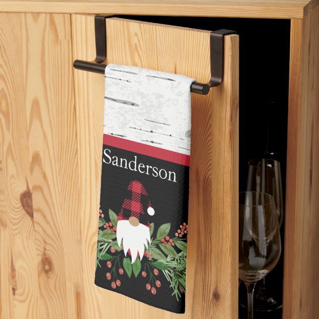 Black Merry Christmas Red Buffalo Plaid Gnome  Tea Towel (Thirds Fold)