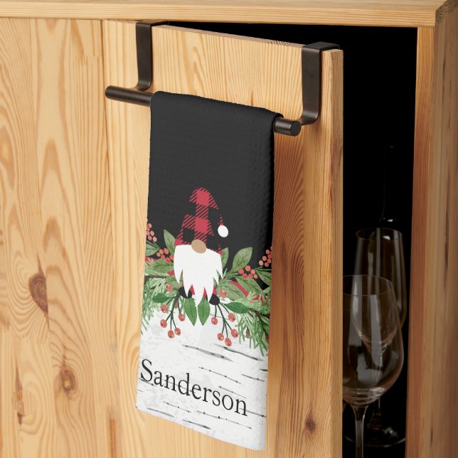 Black Merry Christmas Red Buffalo Plaid Gnome  Tea Towel (Thirds Fold)