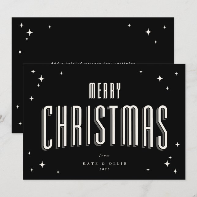 Black Merry Christmas Retro Stars Flat Holiday Card (Front/Back)