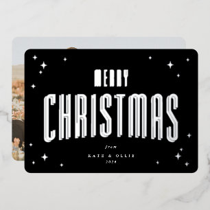 Black Merry Christmas Retro Stars Photo  Foil Holiday Card