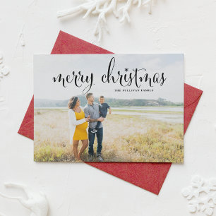 Black Merry Christmas Rustic Calligraphy Photo Holiday Card