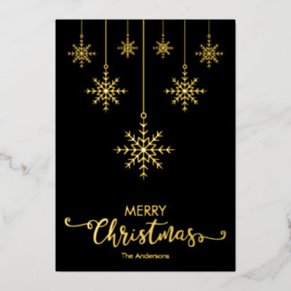 Black Merry Christmas Snowflakes Gold Foil Holiday Card