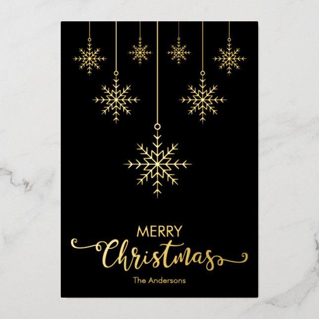 Black Merry Christmas Snowflakes Gold Foil Holiday Card (Front)