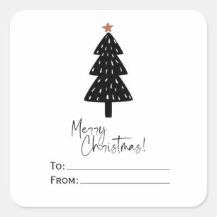 Black Merry Christmas Tree Gold Star Square Sticker