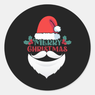 Black Merry Christmas Typography Santa Beard Hat Classic Round Sticker