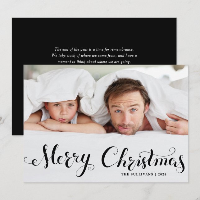 Black Merry Christmas Whimsical Script Photo Holiday Card (Front/Back)