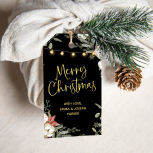 Black Merry Christmas Winter Floral and Gold Gift Tags